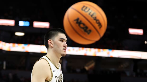 Edey during No. 3 Purdue’s 76-75 overtime loss to Wisconsin in a Big Ten tournament semifinal on March 16, 2024.